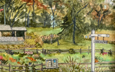 Watercolor of Sea Call Farm Community Garden