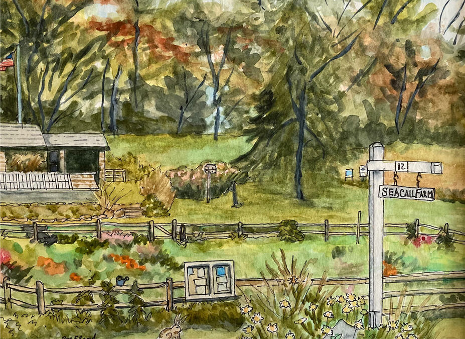Watercolor of Sea Call Farm Community Garden